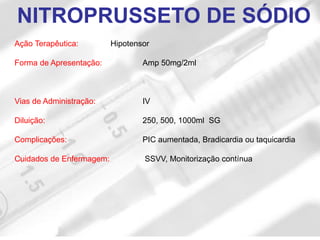 Ação Terapêutica: Hipotensor
Forma de Apresentação: Amp 50mg/2ml
Vias de Administração: IV
Diluição: 250, 500, 1000ml SG
Complicações: PIC aumentada, Bradicardia ou taquicardia
Cuidados de Enfermagem: SSVV, Monitorização contínua
NITROPRUSSETO DE SÓDIO
 