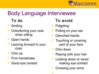 Body Language Interviewee
To do
§ Smiling
§ Unbuttoning your coat
when sitting
§ Open hands
§ Leaning forward in your
chair
§ Chin up
§ Firm handshake
§ Good eye contact

To avoid
§
§
§
§
§
§
§
§
§

Fidgeting
Pulling on your ear
Clenched hands
Touching or covering
part of your face
Chin down
Playing with your hair
Looking down or never
making eye contact
Crossing your arms

 