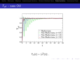 Outline Motiva¸c˜ao Objetivos Implementa¸c˜ao Num´erica Ornstein-Uhlenbeck Noise Ru´ıdo harmˆonico Coment´arios Finais
Teﬀ - caso OU
Tef(t) = ˙φ2
(t) .
 