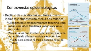 Controversias epidemiologicas
•Declínio de suicídio nas mulheres jovens
indianas e chinesas (na escala dos milhões):
• Urbanização e empoderamento feminino, com
menos pressões familiares, menos acesso a
pesticidas
• Para aquelas que insistem/persistem, ainda há
uma série de dilemas sociais e econômicos
• Cultura do algodão na India e do fumo no sul do
Brasil
 