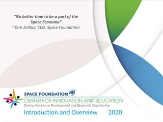 “No better time to be a part of the
Space Economy”
~Tom Zelibor, CEO, Space Foundation
Introduction and Overview 2020
 