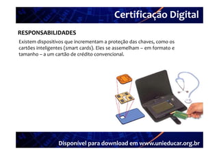 Certificação Digital
         Portal Unieducar
RESPONSABILIDADES
Existem dispositivos que incrementam a proteção das chaves como os
                                                      chaves,
cartões inteligentes (smart cards). Eles se assemelham – em formato e
tamanho – a um cartão de crédito convencional.




                 Disponível para download em www.unieducar.org.br
 