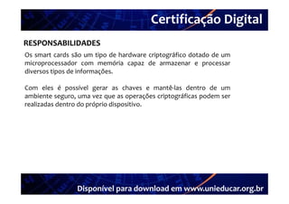 Certificação Digital
         Portal Unieducar
RESPONSABILIDADES
Os smart cards são um tipo de hardware criptográfico dotado de um
microprocessador com memória capaz de armazenar e processar
diversos tipos de informações.

Com eles é possível gerar as chaves e mantê‐las dentro de um
ambiente seguro, uma vez que as operações criptográficas podem ser
realizadas d
   li d dentro d próprio di
                do ó i dispositivo.
                                 ii




                Disponível para download em www.unieducar.org.br
 