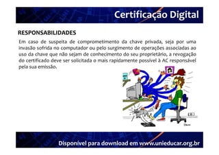 Certificação Digital
         Portal Unieducar
RESPONSABILIDADES
Em caso de suspeita de comprometimento da chave privada seja por uma
                                                        privada,
invasão sofrida no computador ou pelo surgimento de operações associadas ao
uso da chave que não sejam de conhecimento do seu proprietário, a revogação
do certificado deve ser solicitada o mais rapidamente possível à AC responsável
pela sua emissão.




                 Disponível para download em www.unieducar.org.br
 