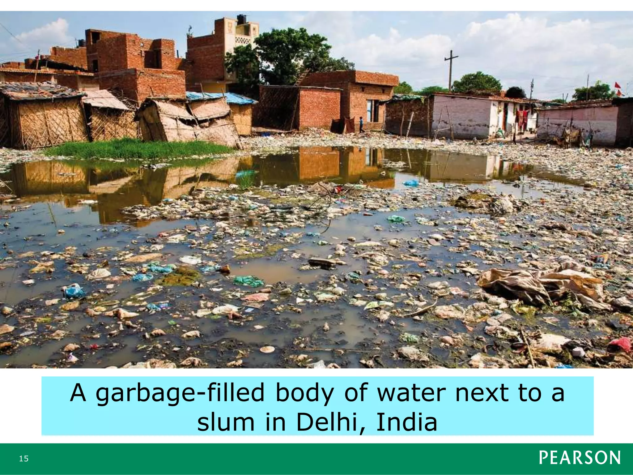 15
A garbage-filled body of water next to a
slum in Delhi, India
 
