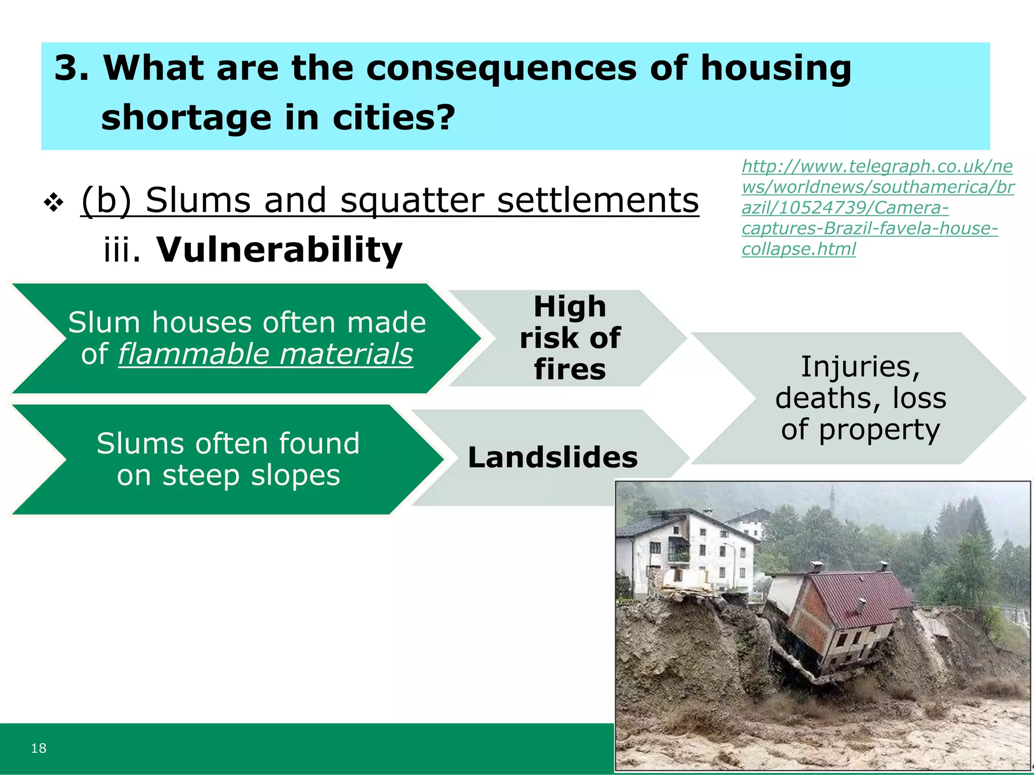  (b) Slums and squatter settlements
iii. Vulnerability
18
3. What are the consequences of housing
shortage in cities?
Slum houses often made
of flammable materials
High
risk of
fires Injuries,
deaths, loss
of propertySlums often found
on steep slopes
Landslides
Slums often built
on land without
permission from
authorities
Evictions
Loss of
property, lack
of sense of
security,
social tension
http://www.telegraph.co.uk/ne
ws/worldnews/southamerica/br
azil/10524739/Camera-
captures-Brazil-favela-house-
collapse.html
 