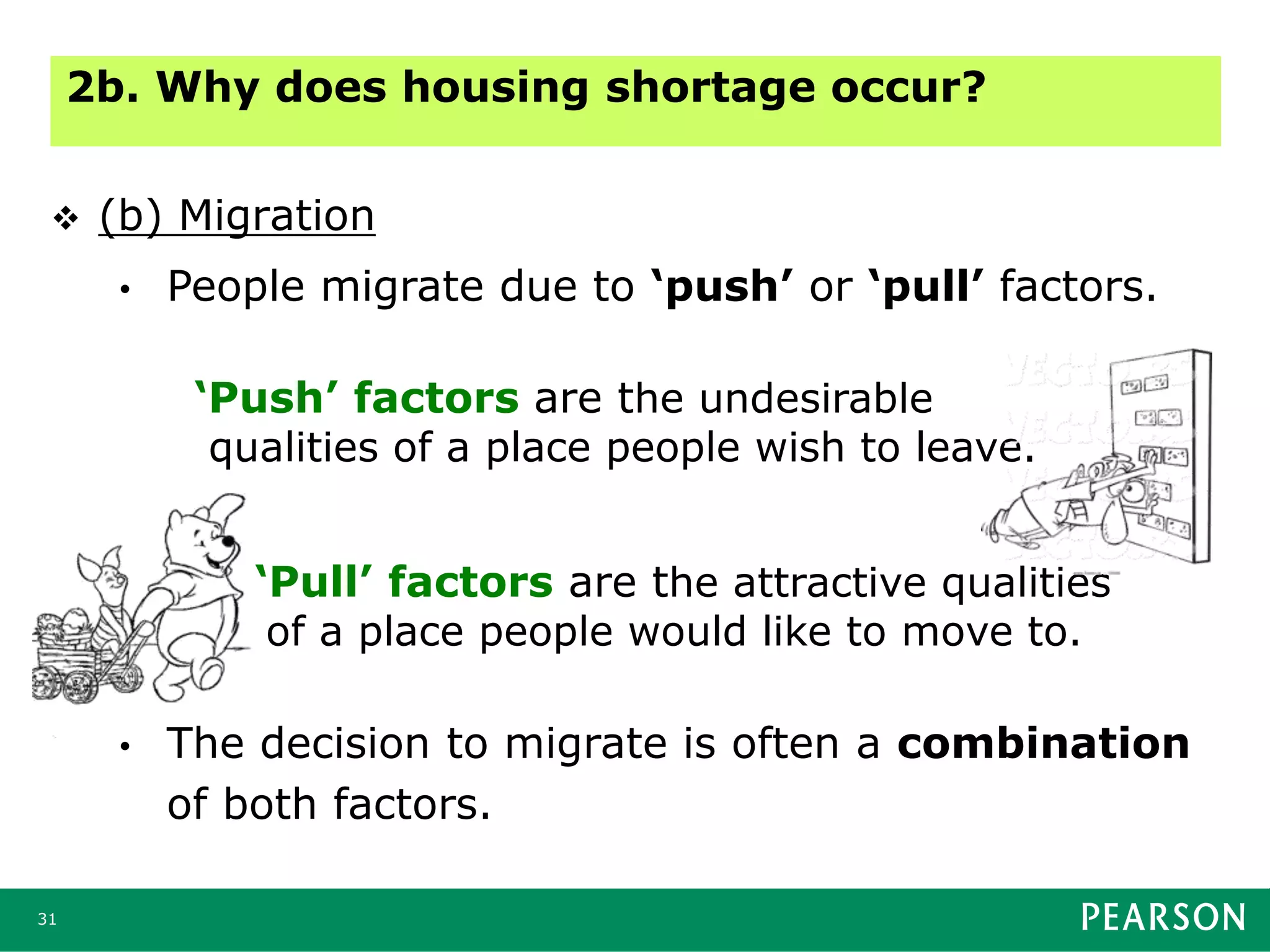 31
 (b) Migration
• People migrate due to ‘push’ or ‘pull’ factors.
• The decision to migrate is often a combination
of both factors.
2b. Why does housing shortage occur?
‘Push’ factors are the undesirable
qualities of a place people wish to leave.
‘Pull’ factors are the attractive qualities
of a place people would like to move to.
 