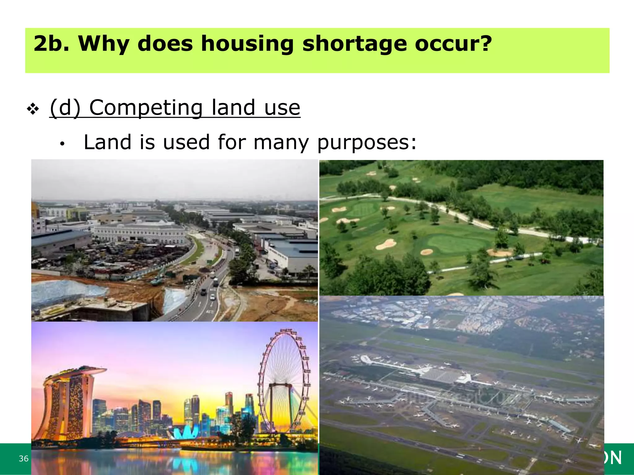36
 (d) Competing land use
• Land is used for many purposes:
2b. Why does housing shortage occur?
 