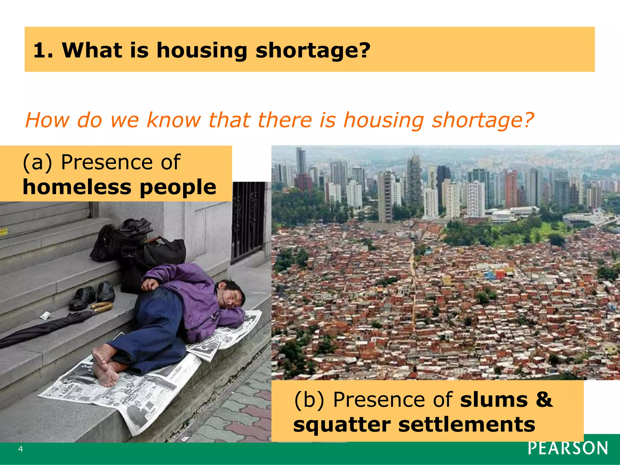 1. What is housing shortage?
How do we know that there is housing shortage?
4
(a) Presence of
homeless people
(b) Presence of slums &
squatter settlements
 