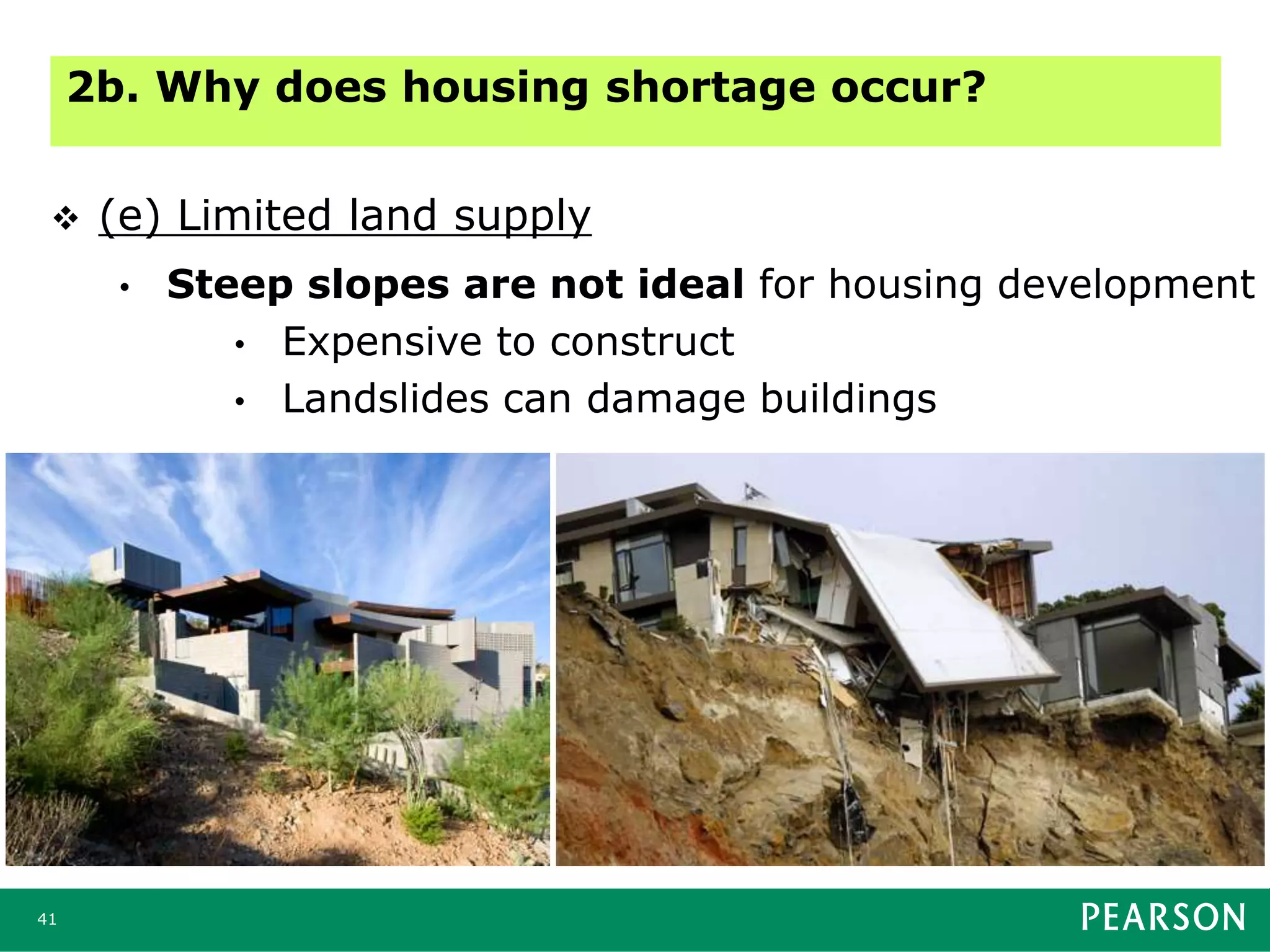 41
 (e) Limited land supply
• Steep slopes are not ideal for housing development
• Expensive to construct
• Landslides can damage buildings
2b. Why does housing shortage occur?
 