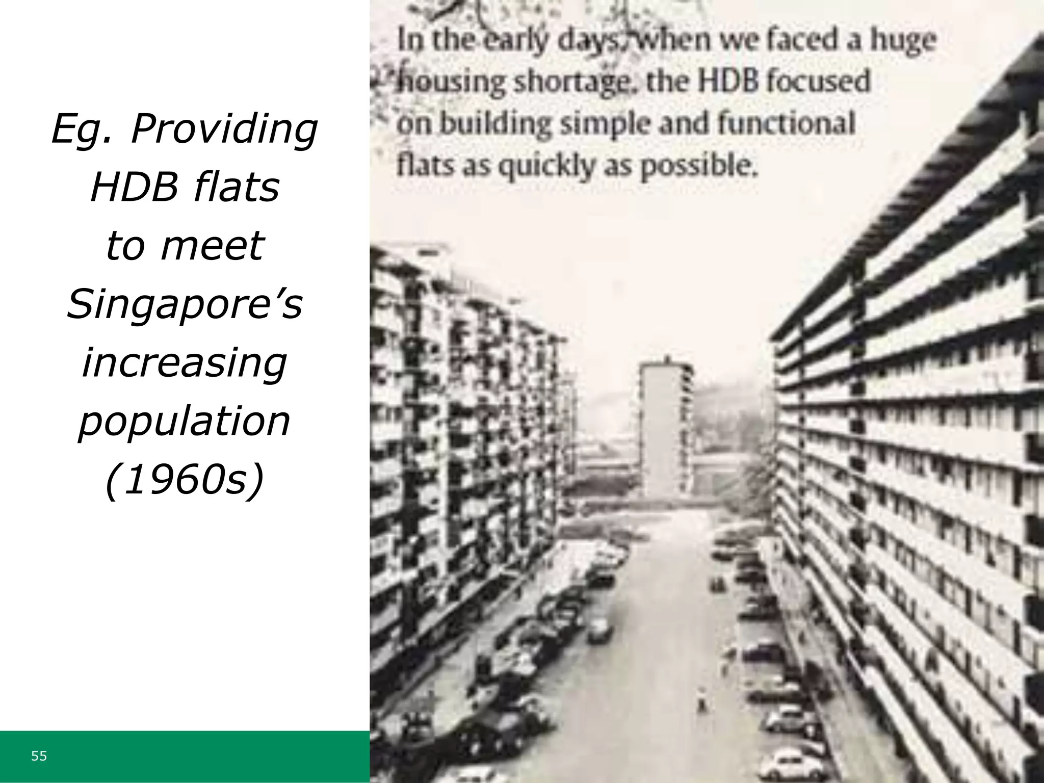 55
Eg. Providing
HDB flats
to meet
Singapore’s
increasing
population
(1960s)
 