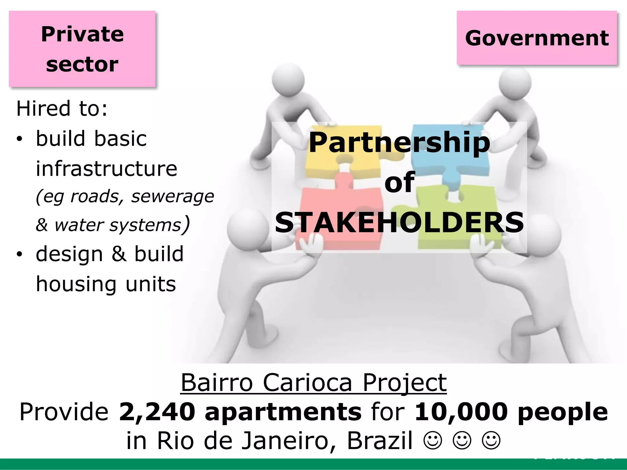 Presentation Title runs here l 00/00/0058
Partnership
of
STAKEHOLDERS
GovernmentPrivate
sector
Bairro Carioca Project
Provide 2,240 apartments for 10,000 people
in Rio de Janeiro, Brazil   
Hired to:
• build basic
infrastructure
(eg roads, sewerage
& water systems)
• design & build
housing units
 
