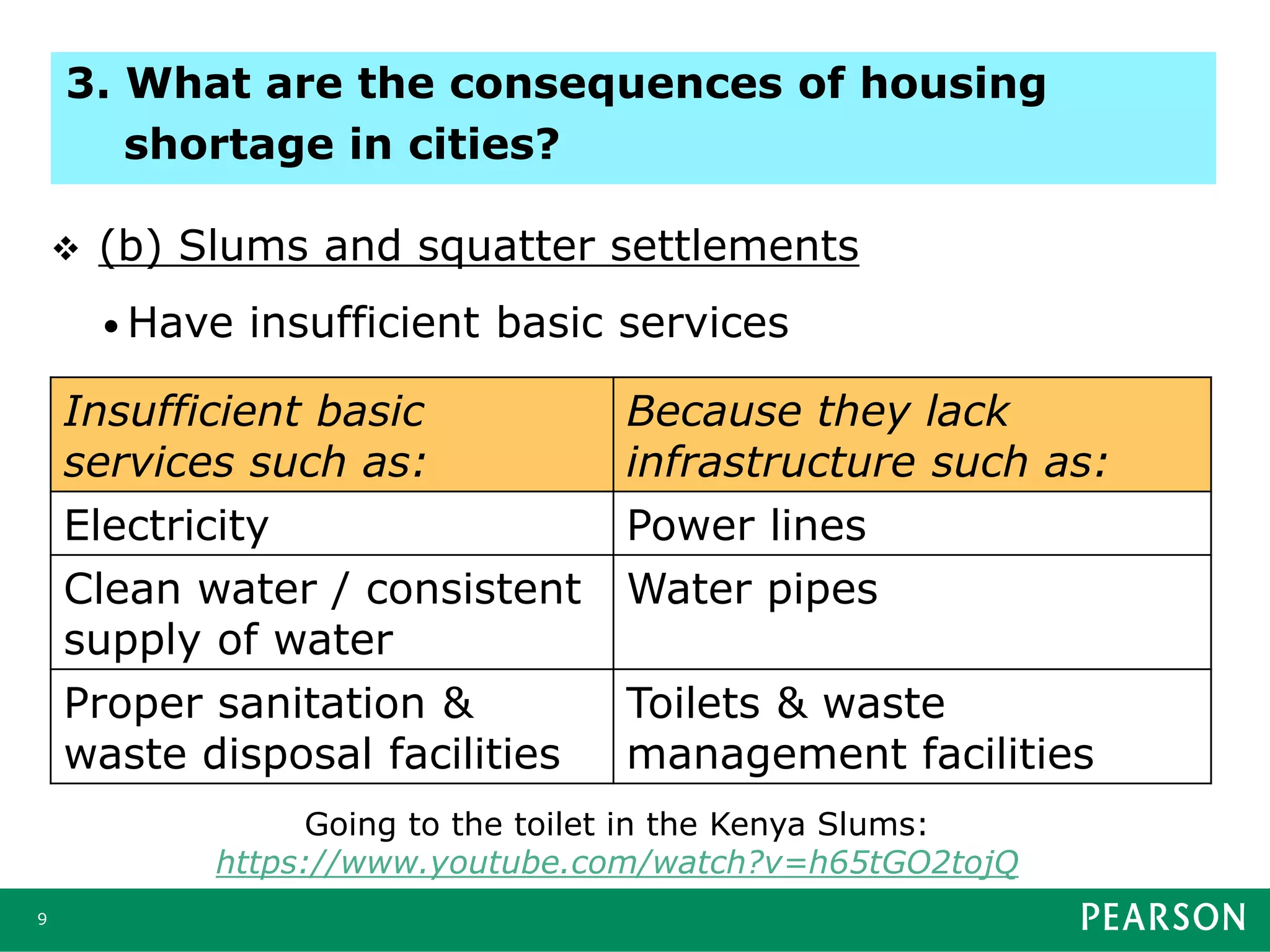 9
 (b) Slums and squatter settlements
• Have insufficient basic services
Insufficient basic
services such as:
Because they lack
infrastructure such as:
Electricity Power lines
Clean water / consistent
supply of water
Water pipes
Proper sanitation &
waste disposal facilities
Toilets & waste
management facilities
3. What are the consequences of housing
shortage in cities?
Going to the toilet in the Kenya Slums:
https://www.youtube.com/watch?v=h65tGO2tojQ
 