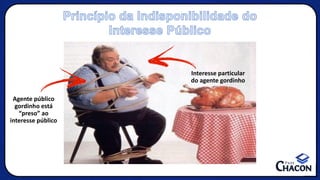 Princípio da Indisponibilidade do
Interesse Público
Interesse particular
do agente gordinho
Agente público
gordinho está
“preso” ao
interesse público
 