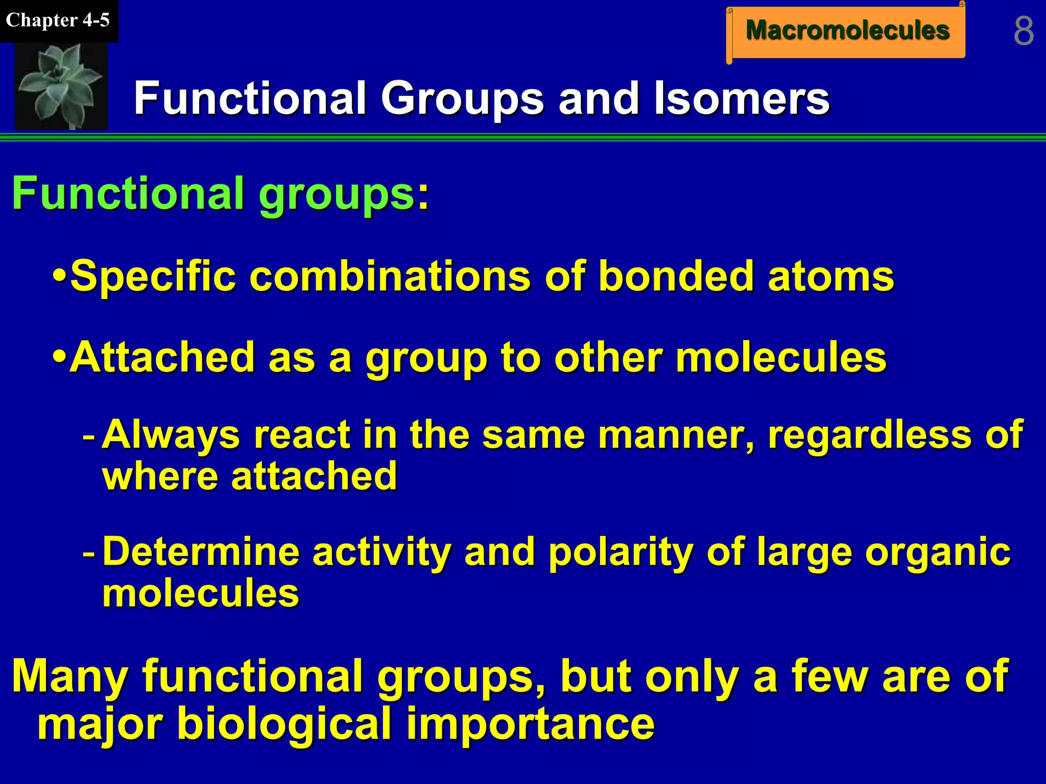 MacromoleculesChapter 4-5
8
Functional Groups and Isomers
Functional groups:
Specific combinations of bonded atoms
Attached as a group to other molecules
-Always react in the same manner, regardless of
where attached
-Determine activity and polarity of large organic
molecules
Many functional groups, but only a few are of
major biological importance
 