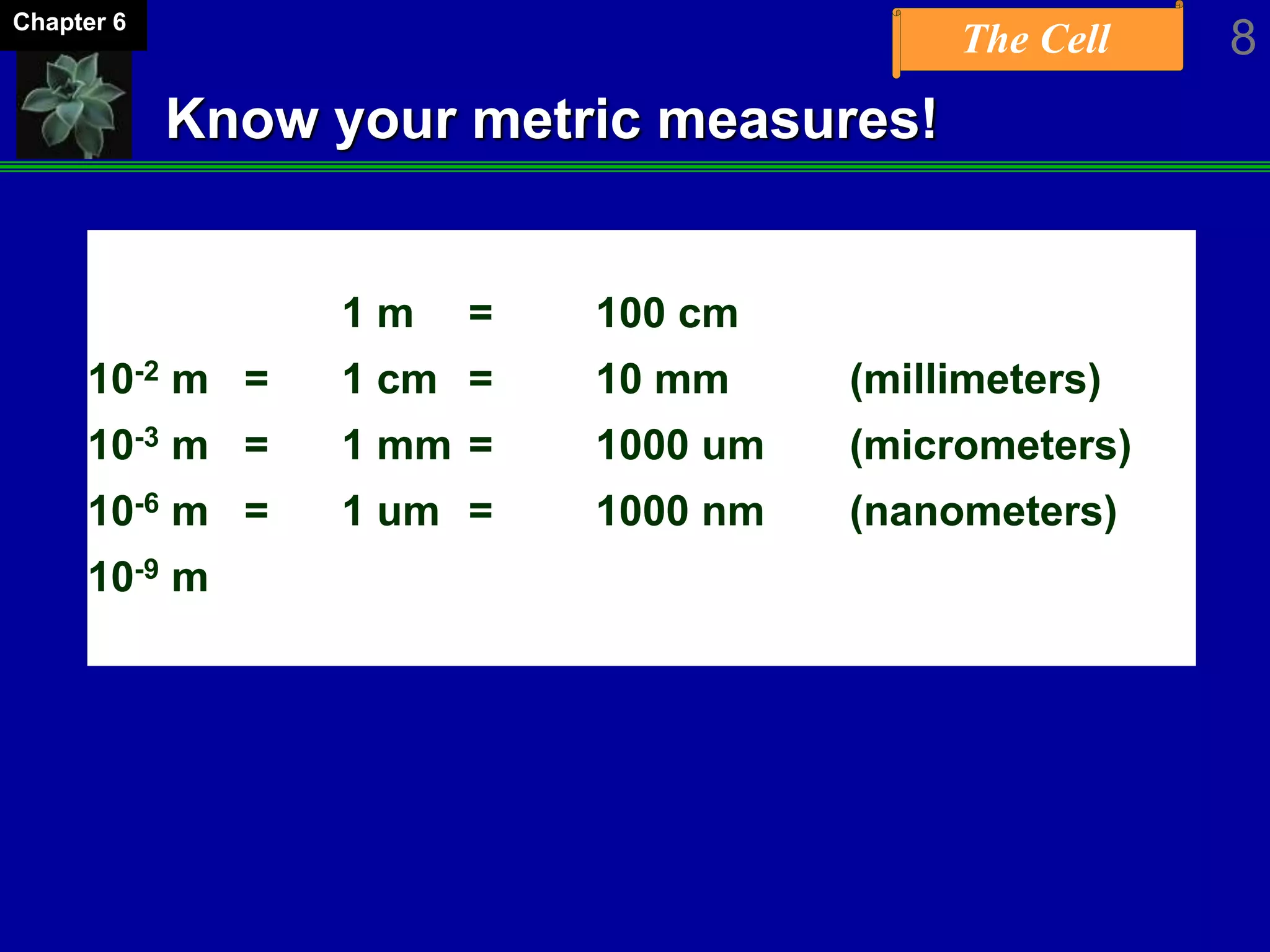 The Cell 8Chapter 6
Know your metric measures!
1 m = 100 cm
10-2 m = 1 cm = 10 mm (millimeters)
10-3 m = 1 mm = 1000 um (micrometers)
10-6 m = 1 um = 1000 nm (nanometers)
10-9 m
 