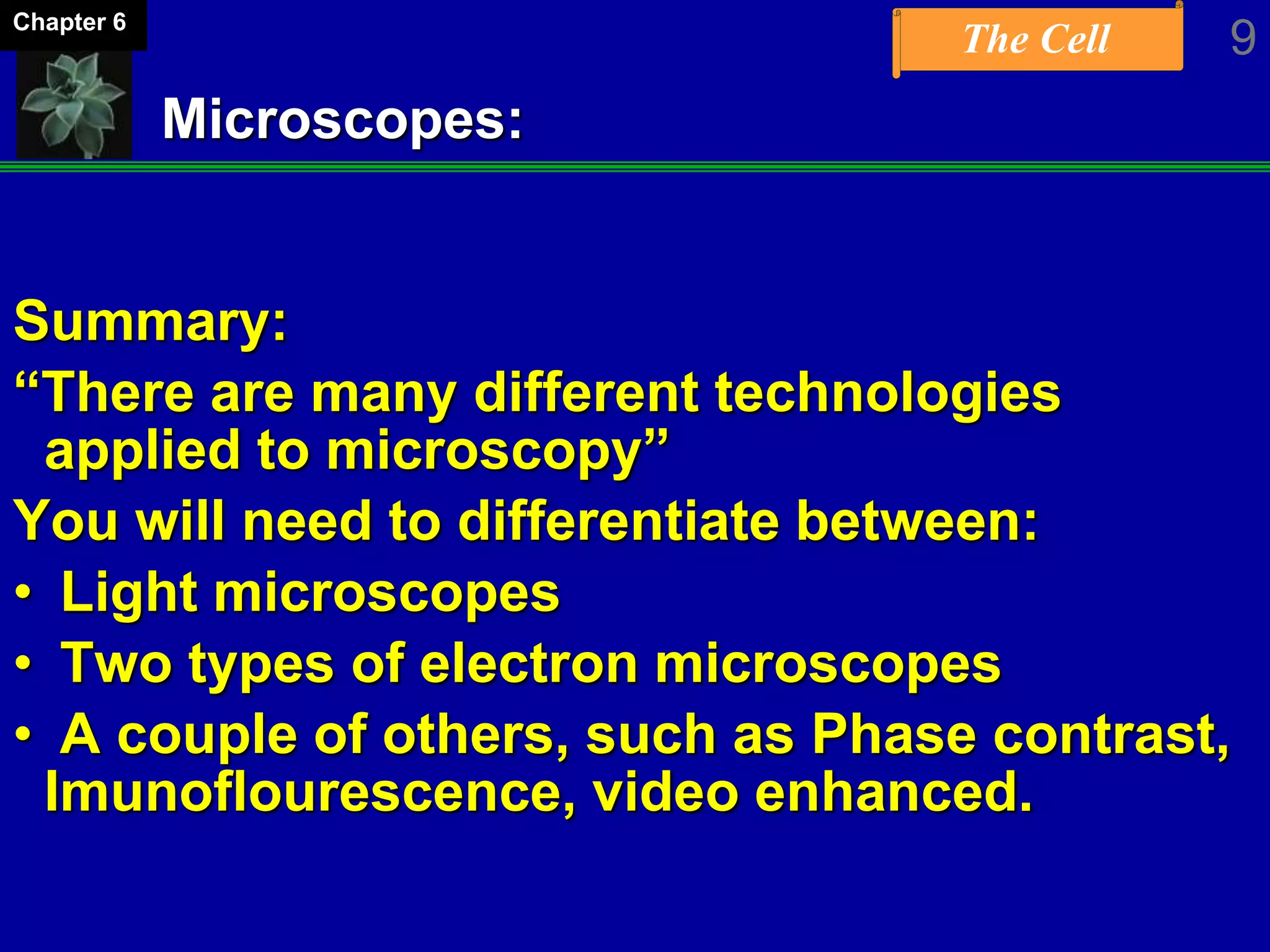The Cell 9Chapter 6
Microscopes:
Summary:
“There are many different technologies
applied to microscopy”
You will need to differentiate between:
• Light microscopes
• Two types of electron microscopes
• A couple of others, such as Phase contrast,
Imunoflourescence, video enhanced.
 