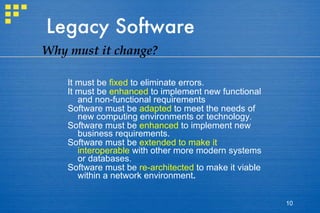 Legacy Software It must be  fixed  to eliminate errors.  It must be  enhanced  to implement new functional and non-functional requirements  Software must be  adapted  to meet the needs of new computing environments or technology . Software must be  enhanced  to implement new business requirements. Software must be  extended to make it interoperable  with other more modern systems or databases. Software must be  re-architected  to make it viable within a network environment . Why must it change? 