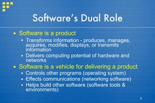 Software’s Dual Role Software is a product Transforms  information - produces, manages, acquires, modifies, displays, or transmits information Delivers computing potential of hardware and networks Software is a vehicle for delivering a product Controls other programs (operating system) Effects communications (networking software) Helps build other software (software tools & environments) 