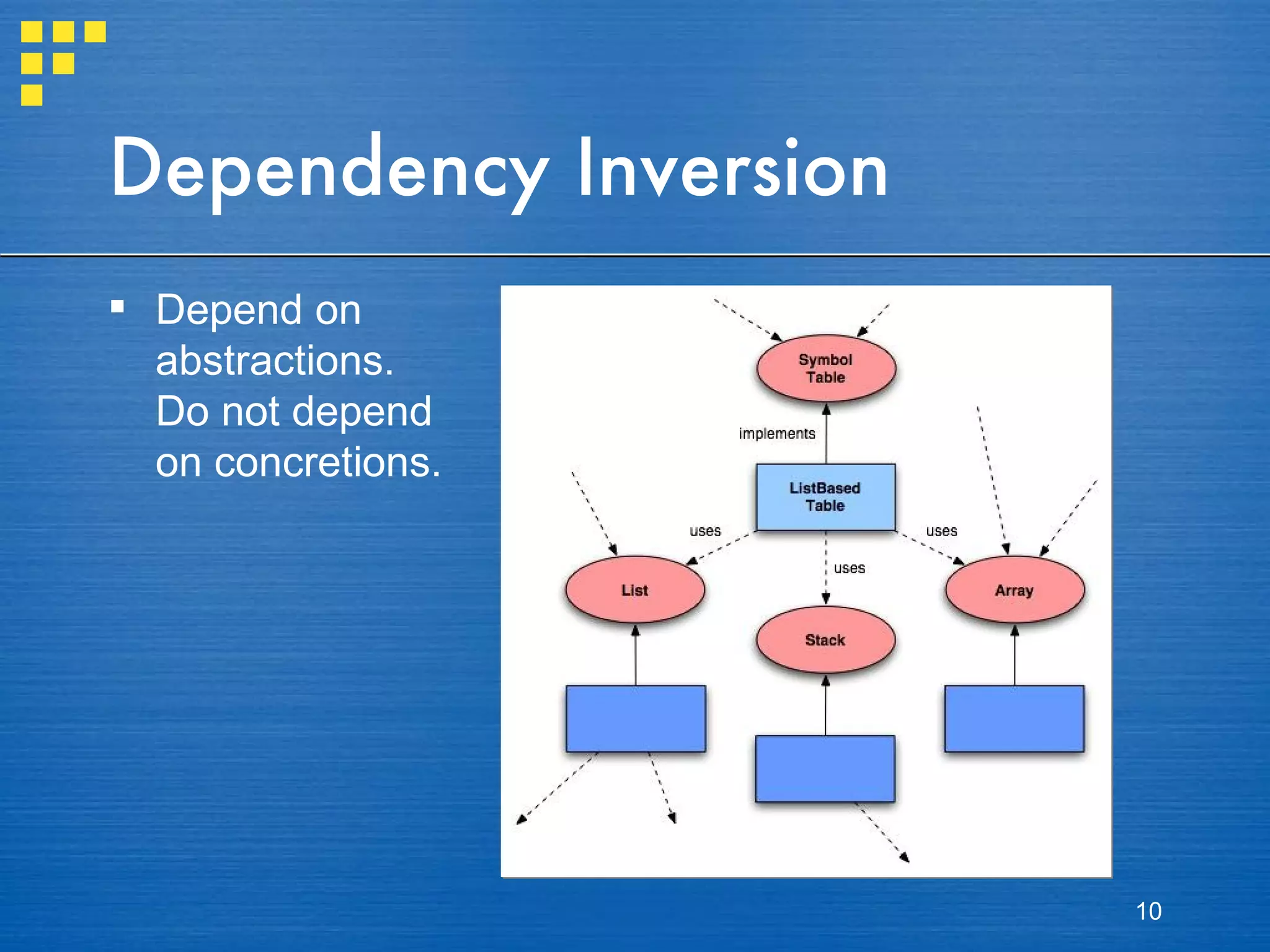Dependency Inversion Depend on abstractions. Do not depend on concretions. 
