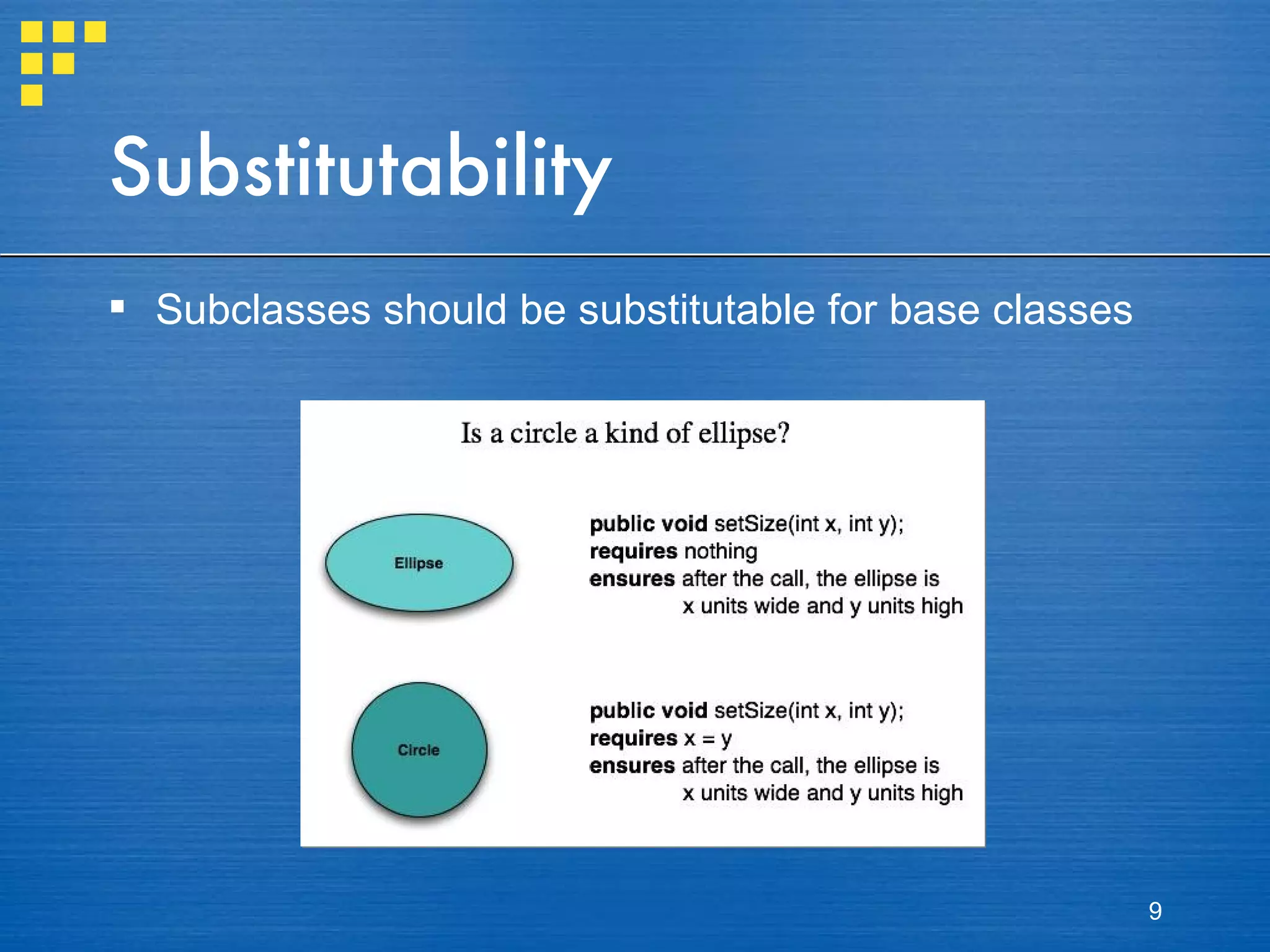 Substitutability Subclasses should be substitutable for base classes 