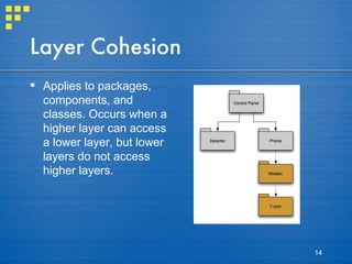 Layer Cohesion Applies to packages, components, and classes. Occurs when a higher layer can access a lower layer, but lower layers do not access higher layers. 