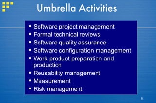 Umbrella Activities Software project management Formal technical reviews Software quality assurance Software configuration management Work product preparation and production Reusability management Measurement Risk management 