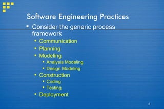 Software Engineering Practices Consider the generic process framework Communication Planning Modeling Analysis Modeling Design Modeling Construction Coding Testing Deployment 