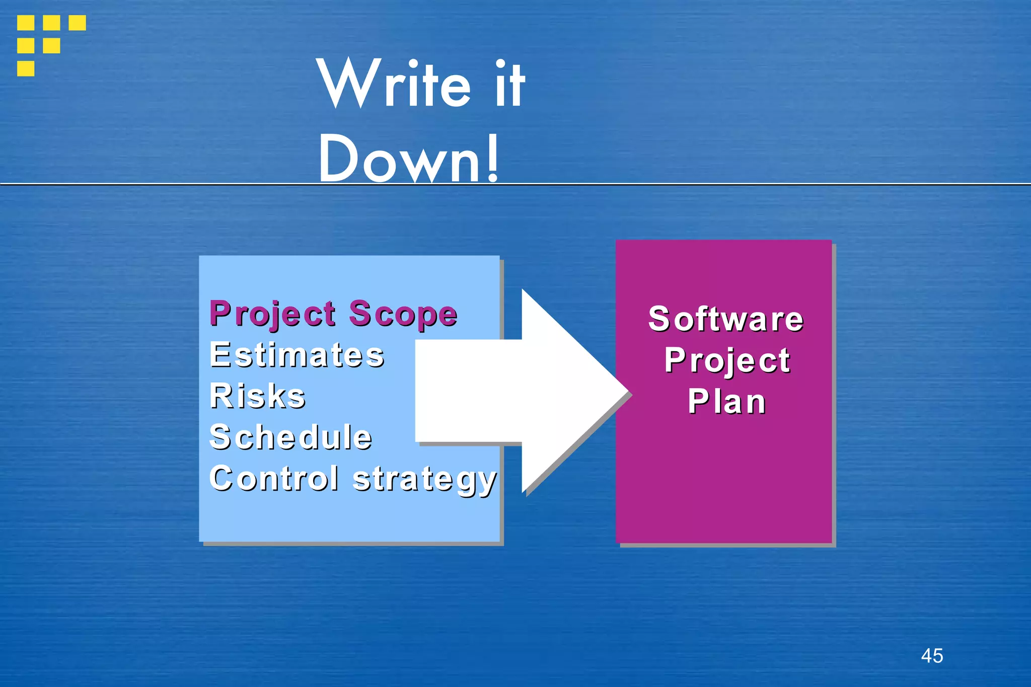 Write it Down! Software Project Plan Project Scope Estimates Risks Schedule Control strategy 