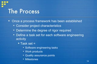 The Process Once a process framework has been established Consider project characteristics Determine the degree of rigor required Define a task set for each software engineering activity Task set = Software engineering tasks Work products Quality assurance points Milestones 
