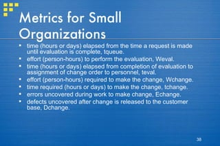 Metrics for Small Organizations time (hours or days) elapsed from the time a request is made until evaluation is complete, tqueue. effort (person-hours) to perform the evaluation, Weval. time (hours or days) elapsed from completion of evaluation to assignment of change order to personnel, teval. effort (person-hours) required to make the change, Wchange. time required (hours or days) to make the change, tchange. errors uncovered during work to make change, Echange. defects uncovered after change is released to the customer base, Dchange. 