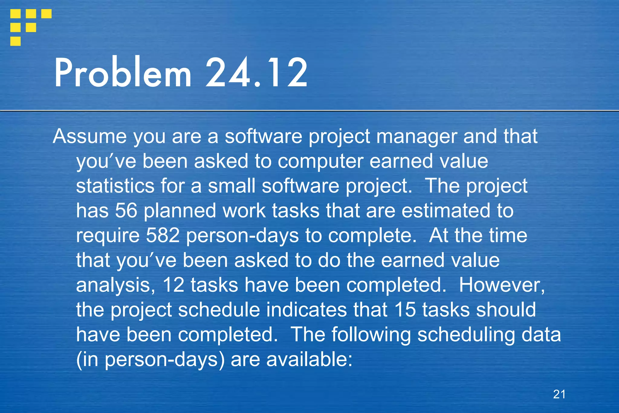 Problem 24.12 Assume you are a software project manager and that you ’ ve been asked to computer earned value statistics for a small software project.  The project has 56 planned work tasks that are estimated to require 582 person-days to complete.  At the time that you ’ ve been asked to do the earned value analysis, 12 tasks have been completed.  However, the project schedule indicates that 15 tasks should have been completed.  The following scheduling data (in person-days) are available: 
