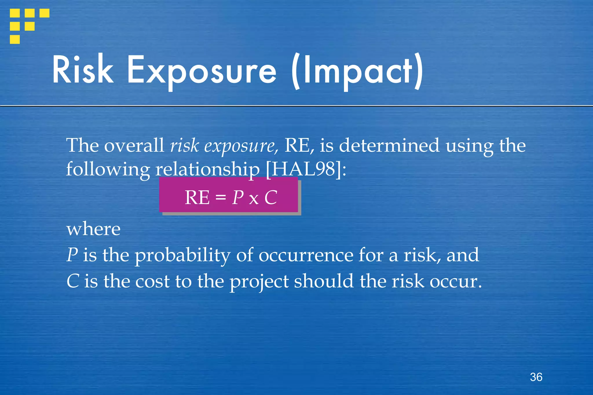 Risk Exposure (Impact) The overall  risk exposure,  RE, is determined using the following relationship [HAL98]: RE =  P  x  C where  P  is the probability of occurrence for a risk, and  C  is the cost to the project should the risk occur. 
