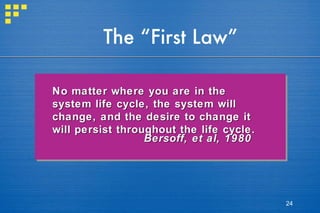 The “First Law” No matter where you are in the system life cycle, the system will change, and the desire to change it will persist throughout the life cycle. Bersoff, et al, 1980 