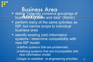 Business Area Analysis define “naturally cohesive groupings of business functions and data” (Martin) perform many of the same activities as ISP, but narrow scope to individual business area identify existing (old) information systems / determine compatibility with new ISP model define systems that are problematic  defining systems that are incompatible with new information model begin to establish  re-engineering priorities 