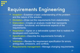 Requirements Engineering Inception —Establish a basic understanding of the problem and the nature of the solution.  Elicitation —Draw out the requirements from stakeholders. Elaboration —Create an analysis model that represents information, functional, and behavioral aspects of the requirements. Negotiation —Agree on a deliverable system that is realistic for developers and customers. Specification —Describe the requirements formally or informally. Validation —Review the requirement specification for errors, ambiguities, omissions, and conflicts.  Requirements management —Manage changing requirements. 