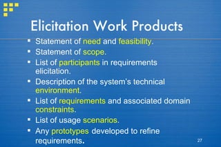 Elicitation Work Products Statement of  need  and  feasibility . Statement of  scope . List of  participants  in requirements elicitation. Description of the system’s technical  environment . List of  requirements  and associated domain  constraints . List of usage  scenarios . Any  prototypes   developed to refine requirements . 