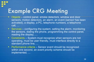 Example CRG Meeting Objects  – control panel, smoke detectors, window and door sensors, motion detectors, an alarm, an event (sensor has been activated), a display, a PC, telephone numbers, a telephone call, … Services  – configuring the system, setting the alarm, monitoring the sensors, dialing the phone, programming the control panel, reading the display, … Constraints  – System must recognize when sensors are not operating, must be user friendly, must interface directly to a standard phone line, … Performance criteria  – Sensor event should be recognized within one second, an event priority scheme should be implemented, … 