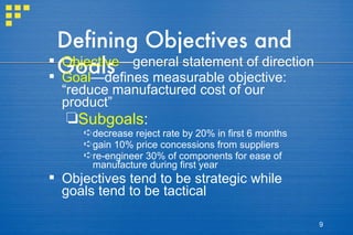 Defining Objectives and Goals Objective —general statement of direction Goal —defines measurable objective: “reduce manufactured cost of our product” Subgoals : decrease reject rate by 20% in first 6 months gain 10% price concessions from suppliers re-engineer 30% of components for ease of manufacture during first year Objectives tend to be strategic while goals tend to be tactical 