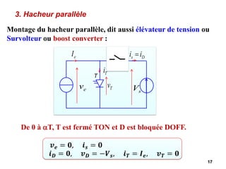 3. Hacheur parallèle
17
e
v
T
D
e
I D
s i
i =
T
v
D
v
s
V
T
i
𝒊𝑫 = 𝟎, 𝒗𝑫 = −𝑽𝒔, 𝒊𝑻 = 𝑰𝒆, 𝒗𝑻 = 𝟎
𝒗𝒆 = 𝟎, 𝒊𝒔 = 𝟎
Montage du hacheur parallèle, dit aussi élévateur de tension ou
Survolteur ou boost converter :
De 0 à T, T est fermé TON et D est bloquée DOFF.
 