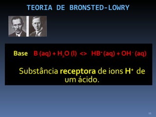 TEORIA DE BRONSTED-LOWRY Base  B (aq) + H 2 O (l)  <>  HB +  (aq) + OH  -  (aq) Substância  receptora  de ions  H +   de um ácido. 