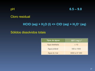pH   6.5 – 9.0 Cloro residual  HClO (aq) + H 2 O (l) <> ClO -  (aq) + H 3 O +  (aq) Sólidos dissolvidos totais 
