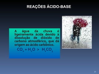 A água da chuva é ligeiramente ácida devido à dissolução de dióxido de carbono atmosférico, que dá origem ao ácido carbônico . CO 2  + H 2 O  >  H 2 CO 3 REAÇÕES ÁCIDO-BASE 