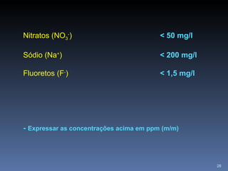 Nitratos (NO 3 - ) < 50 mg/l Sódio (Na + ) < 200 mg/l Fluoretos (F - )  < 1,5 mg/l -  Expressar as concentrações acima em ...