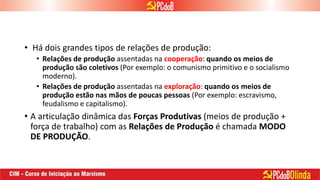 • Há dois grandes tipos de relações de produção:
• Relações de produção assentadas na cooperação: quando os meios de
produção são coletivos (Por exemplo: o comunismo primitivo e o socialismo
moderno).
• Relações de produção assentadas na exploração: quando os meios de
produção estão nas mãos de poucas pessoas (Por exemplo: escravismo,
feudalismo e capitalismo).
• A articulação dinâmica das Forças Produtivas (meios de produção +
força de trabalho) com as Relações de Produção é chamada MODO
DE PRODUÇÃO.
 