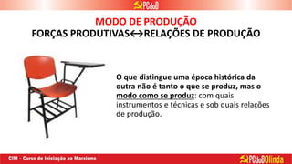 MODO DE PRODUÇÃO
FORÇAS PRODUTIVAS↔RELAÇÕES DE PRODUÇÃO
• O que distingue uma época histórica da
outra não é tanto o que se produz, mas o
modo como se produz: com quais
instrumentos e técnicas e sob quais relações
de produção.
 