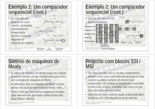 Introdução ao Projecto com Sistemas Digitais e Microcontroladores
Circuitos sequenciais síncronos - 37
Exemplo 2: Um comparador
sequencial (cont.)
• Se o circuito não
dispuser de reset
exterior, efectuando
constantemente
comparações,
teremos o seguinte
diagrama de
transição de estados:
00,01,10,11
XY=10
A
00,11
C
B
D
01
E H
F
G I
00,01,10,11
00,01,10,11 00,01,10,11
00,11
10 10
00,11
00,01,11
01 00,11
10
10
01
01
M: Xt-2 Xt-1 Xt
N: Yt-2 Yt-1 Yt
MSB: Bit mais
significativo
Bit
intermédio
LSB: Bit menos
significativo
Introdução ao Projecto com Sistemas Digitais e Microcontroladores
Circuitos sequenciais síncronos - 38
Exemplo 2: Um comparador
sequencial (cont.)
• Caso de M=100 e N=101
(M≤N verdadeiro):
Entrada Y (N)
Relógio (CLK)
Saída (Z)
Entrada X (M)
Estado actual A C F I B
Fim desta
comparação
Início da seguinte
00,01,10,11
XY=10
A
00,11
C
B
D
01
E H
F
G I
00,01,10,11
00,01,10,11 00,01,10,11
00,11
10 10
00,11
00,01,11
01 00,11
10
10
01
01
M: Xt-2 Xt-1 Xt
N: Yt-2 Yt-1 Yt
MSB: Bit mais
significativo
Bit
intermédio
LSB: Bit menos
significativo
Introdução ao Projecto com Sistemas Digitais e Microcontroladores
Circuitos sequenciais síncronos - 39
Síntese de máquinas de
Mealy
• A síntese de máquinas de Mealy segue um conjunto
de passos idêntico ao que consideramos para estes
dois exemplos de máquinas de Moore
• As diferenças face às máquinas de Moore existem
apenas na etapa de representação formal, onde ...?
• Resta referir que uma mesma máquina de estados
pode naturalmente apresentar saídas destes dois
tipos (Moore e Mealy)
Introdução ao Projecto com Sistemas Digitais e Microcontroladores
Circuitos sequenciais síncronos - 40
Projecto com blocos SSI /
MSI
• Tal como sucedia com os circuitos combinatórios,
também neste caso o procedimento de projecto mais
comum na prática consiste em recorrer aos
componentes de catálogo já disponíveis, reservando
a síntese de circuitos “à medida” aos casos em que
isso seja realmente necessário
• Interessa-nos pois conhecer quais os principais tipos
de blocos SSI / MSI disponíveis neste domínio
 
