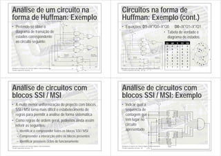 Introdução ao Projecto com Sistemas Digitais e Microcontroladores
Circuitos sequenciais síncronos - 57
Análise de um circuito na
forma de Huffman: Exemplo
• Pretende-se obter o
diagrama de transição de
estados correspondente
ao circuito seguinte:
Q1
/Q1
Q0
/Q0
/Q1
Q1
/Q0
Q0
CLK
Estado
actual
Estado
seguinte
X
D1
D0
7408
1
2
3
7432
1
2
3
7408
9
10
8
7432
4
5
6
7474
D
2
CLK
3
Q
5
Q
6
7474
D
12
CLK
11
Q
9
Q
8
7404
1
2
7408
4
5
6
7408
12
13
11
Introdução ao Projecto com Sistemas Digitais e Microcontroladores
Circuitos sequenciais síncronos - 58
Circuitos na forma de
Huffman: Exemplo (cont.)
• Equações: D1=/X*/Q0+X*Q0 D0=/X*Q1+X*/Q1
Q1 Q0 X D1 D0
0 0 0 1 0
0 0 1 0 1
0 1 0 0 0
0 1 1 1 1
1 0 0 1 1
1 0 1 0 0
1 1 0 0 1
1 1 1 1 0
0
0
1
1
D
C
B
A
0 1
1
0
• Tabela de verdade e
diagrama de estados:
Q1
/Q1
Q0
/Q0
/Q1
Q1
/Q0
Q0
CLK
Estado
actual
Estado
seguinte
X
D1
D0
7408
1
2
3
7432
1
2
3
7408
9
10
8
7432
4
5
6
7474
D
2
CLK
3
Q
5
Q
6
7474
D
12
CLK
11
Q
9
Q
8
7404
1
2
7408
4
5
6
7408
12
13
11
Introdução ao Projecto com Sistemas Digitais e Microcontroladores
Circuitos sequenciais síncronos - 59
Análise de circuitos com
blocos SSI / MSI
• A muito menor uniformização do projecto com blocos
SSI / MSI torna mais difícil o estabelecimento de
regras para permitir a análise de forma sistemática
• Como regras de ordem geral, podemos ainda assim
referir as seguintes:
– Identificar e compreender todos os blocos SSI / MSI
– Compreender a interacção entre os blocos presentes
– Identificar possíveis ciclos de funcionamento
Introdução ao Projecto com Sistemas Digitais e Microcontroladores
Circuitos sequenciais síncronos - 60
Análise de circuitos com
blocos SSI / MSI: Exemplo
• Indicar qual a
sequência de
contagem que
tem lugar no
circuito
apresentado
+5 V
CLK
74161
A
3
B
4
C
5
D
6
ENP
7
ENT
10
CLK
2
LOAD
9
CLR
1
QA
14
QB
13
QC
12
QD
11
RCO
15
74161
A
3
B
4
C
5
D
6
ENP
7
ENT
10
CLK
2
LOAD
9
CLR
1
QA
14
QB
13
QC
12
QD
11
RCO
15
 