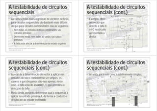 Introdução ao Projecto com Sistemas Digitais e Microcontroladores
Circuitos sequenciais síncronos - 61
A testabilidade de circuitos
sequenciais
• As razões pelas quais a geração de vectores de teste
para circuitos sequenciais são bastante mais difíceis
do que para circuitos combinatórios são as seguintes:
– Nem todas as entradas do bloco combinatório são
entradas primárias
– Do mesmo modo, nem todas as saídas são saídas
primárias
– A falta pode afectar a determinação do estado seguinte
Introdução ao Projecto com Sistemas Digitais e Microcontroladores
Circuitos sequenciais síncronos - 62
A testabilidade de circuitos
sequenciais (cont.)
• Exemplo: obter
um vector que
detecte a falta X
s@0 no circuito
apresentado à
direita:
+5 V
+5 V
+5 V
Bloco combinatório
Saída para o
próximo
estado
Entrada
primária
Saída
primária
do
circuito
X s@0
(1/0)
1
1
Saída para o
próximo
estado
X
0 0
Y
CLK
F=1/0
A
7432
1
2
3
7474
D
2
CLK
3
Q
5
Q
6
PR
4
CL
1
7408
4
5
6
7474
D
12
CLK
11
Q
9
Q
8
PR
10
CL
13
7408
1
2
3
Introdução ao Projecto com Sistemas Digitais e Microcontroladores
Circuitos sequenciais síncronos - 63
A testabilidade de circuitos
sequenciais (cont.)
• Apesar de a determinação do vector a aplicar nas
entradas do bloco combinatório ser simples, os
valores a que chegamos dão-nos apenas, neste
caso, a indicação do estado (1,1) que permitiria a
detecção da falta
• Resta ainda, portanto, determinar qual a sequência a
aplicar na entrada primária A, de forma a conduzir o
circuito até ao estado pretendido
Introdução ao Projecto com Sistemas Digitais e Microcontroladores
Circuitos sequenciais síncronos - 64
A testabilidade de circuitos
sequenciais (cont.)
• A tarefa, para este caso, é relativamente simples:
+5 V
+5 V
+5 V
X s@0
(0/0)
1
0
0
1
1
Bloco combinatório
Saída para o
próximo
estado
Saída
primária
do
circuito
Y
Saída para o
próximo
estado
1
1
0
0
1
CLK
F=1
A
7408
1
2
3
7408
4
5
6
7474
D
2
CLK
3
Q
5
Q
6
PR
4
CL
1
7474
D
12
CLK
11
Q
9
Q
8
PR
10
CL
13
7432
1
2
3
F
CLK
A
1
0
0
+5 V
+5 V
+5 V
X s@0
(0/0)
0
0
1
1
0
Bloco combinatório
Saída para o
próximo
estado
Saída
primária
do
circuito
Y
Saída para o
próximo
estado
1
0
0
1
1
CLK
F=0
A=1
7408
1
2
3
7408
4
5
6
7474
D
2
CLK
3
Q
5
Q
6
PR
4
CL
1
7474
D
12
CLK
11
Q
9
Q
8
PR
10
CL
13
7432
1
2
3
CLK
A
F
1
1
0
0
+5 V
+5 V
+5 V
X s@0
(0/0)
0
1
1
0
0
Bloco combinatório
Saída para o
próximo
estado
Saída
primária
do
circuito
Y
Saída para o
próximo
estado
0
0
1
1
1
CLK
F=1/0
A=1
7408
1
2
3
7408
4
5
6
7474
D
2
CLK
3
Q
5
Q
6
PR
4
CL
1
7474
D
12
CLK
11
Q
9
Q
8
PR
10
CL
13
7432
1
2
3
F
CLK
A
fault-free
X s@0
1/0
1
1
1
 