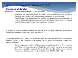 DIFERENTES FORMAS DE CITAÇÃO NO TEXTO
Citação ao pé da letra
Atividades são ações dos alunos, orientadas pelos procedimentos, no sentido de
(re)construírem o caminho (o método da aprendizagem) do conhecimento.
As atividades, portanto, consistem em trabalho com o conhecimento, em situações de
reconstrução e aplicação desse conhecimento. Atividades, então, referem-se a ações:
essas ações correspondem aos objetivos a serem alcançados.
Nesse sentido, a professora Mary Rangel (2006, p. 13) expõe:
“A façanha de eliminar a cola em sala de aula não me torna um herói, dá apenas sentido a uma
educação em valores. É isso mesmo.” (MARTINS, 2007, p. 2).
Os pensamentos de Freire (1999, p. 15) vêm ao encontro das intenções implícitas dos profissionais
dispostos a inserir o portfólio educacional atuando com os alunos intensamente, quando faz a
seguinte referência:
Ensinar exige rigorosidade metódica, pesquisa, respeito aos saberes dos educandos,
criticidade, estética e ética, corporeificação das palavras pelo exemplo, risco, aceitação
do novo e rejeição a qualquer forma de discriminação, crítica sobre a prática,
reconhecimento da assunção da identidade cultural. (FREIRE, 1999, p. 15).
 